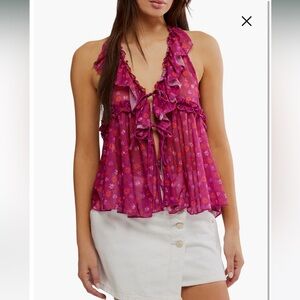 Free People Fearless Ruffle Pink Racerback Tank Top NWT Medium